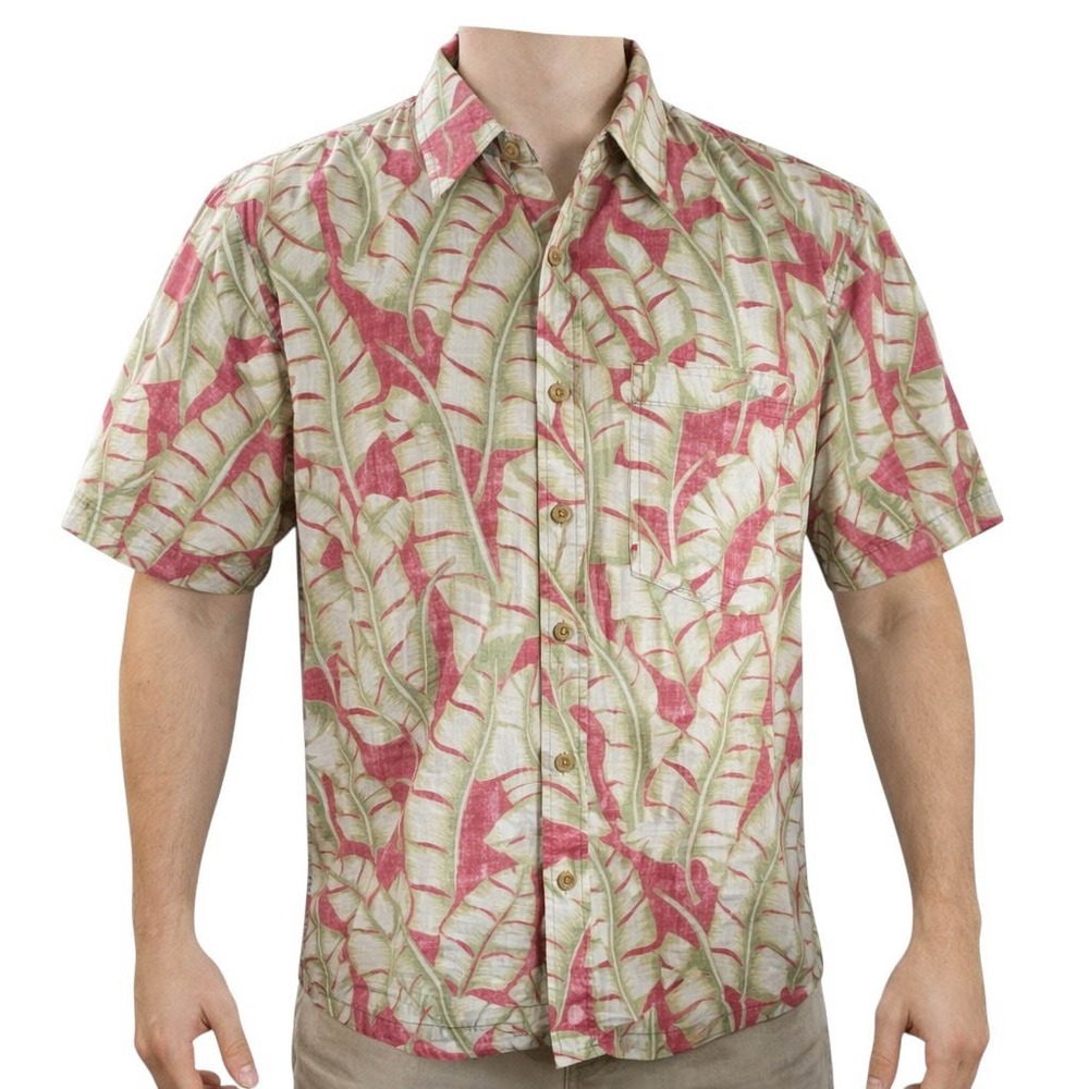Cooke Street Hawaiian Aloha Shirt XL Floral Leaves Reverse Print Pale Red Green